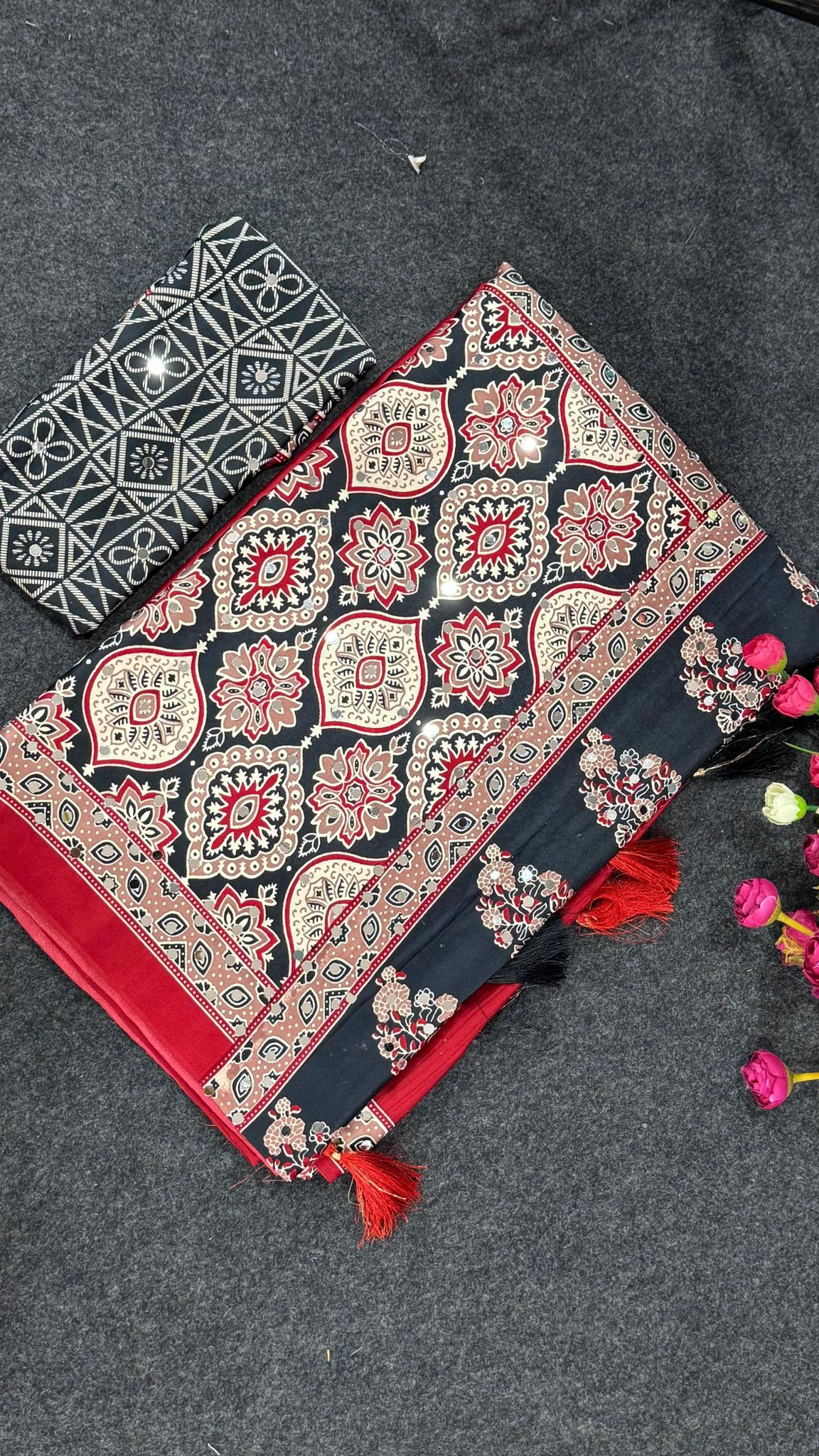 Ajrakh Tulips Royal Mirror Work Gajji Moss Satin Saree